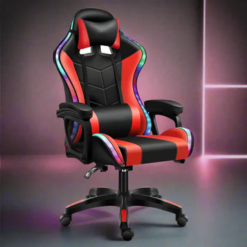 Gaming Chair, PU Leather, Up to 100kg, RGB LED Lighting, Black/Red