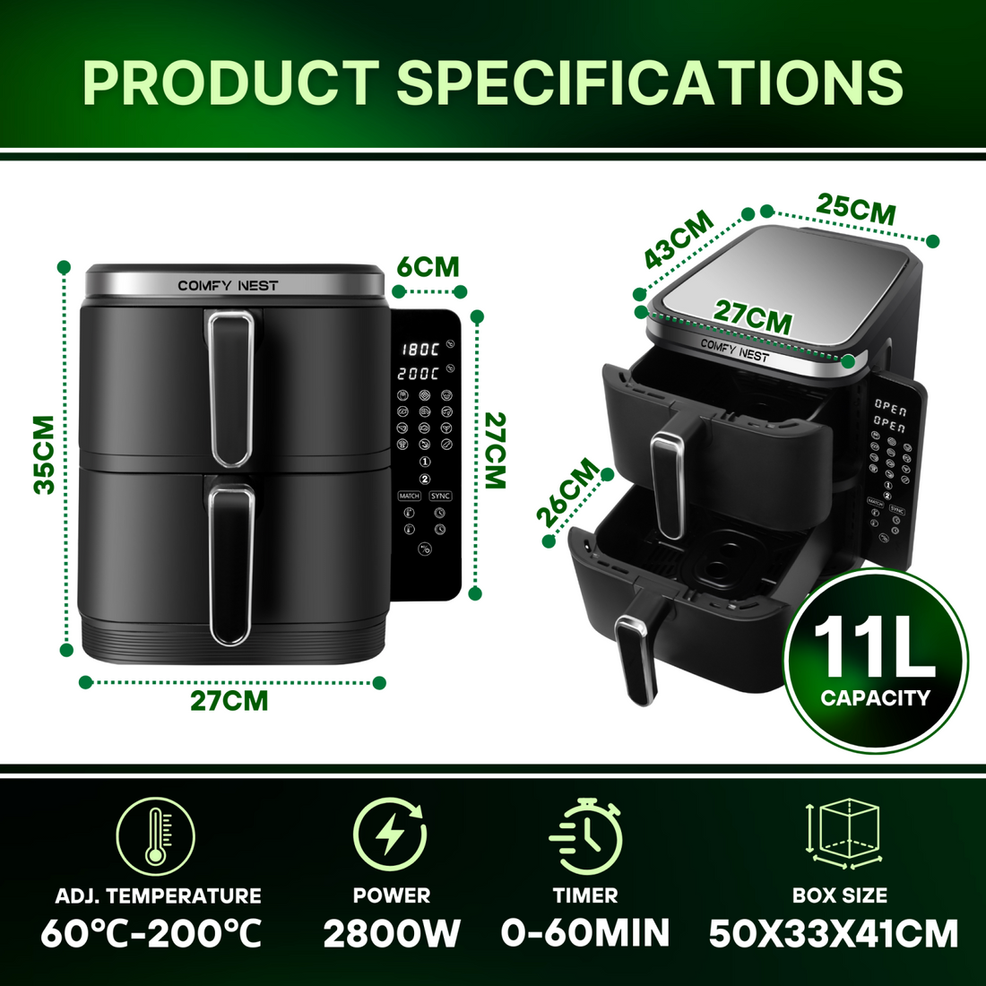 11Ltr, Double Basket Air Fryer, 2800W, Comfy Nest