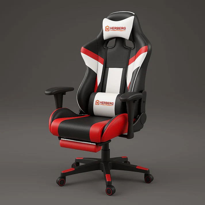 Race car-style Gaming/Office chair with retractable footrest, Red