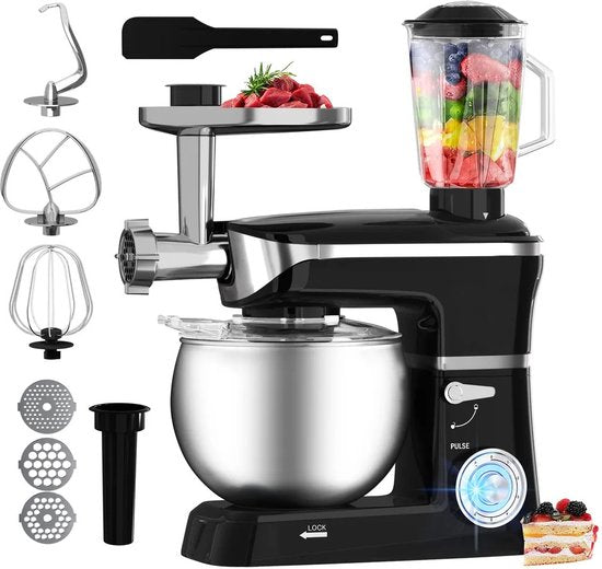 3 in 1 Food Processor - 6.5 L Food Robot - 1900W Food Processor - Kitchen Mixer With Blender & Meat Grinder - Black