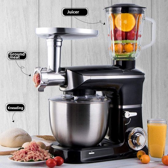 3 in 1 Food Processor - 6.5 L Food Robot - 1900W Food Processor - Kitchen Mixer With Blender & Meat Grinder - Black