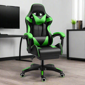 Gaming Chair, PU Leather, Up to 100kg, Footrest, Black/Green